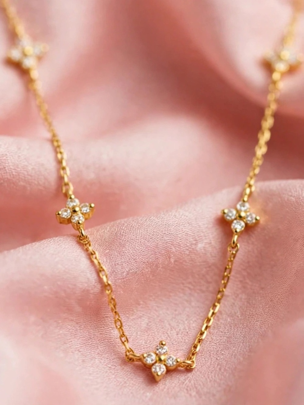 Gold Flower Station Necklace — 925 Sterling Silver, 18K Gold Plated - Picture 3 of 3